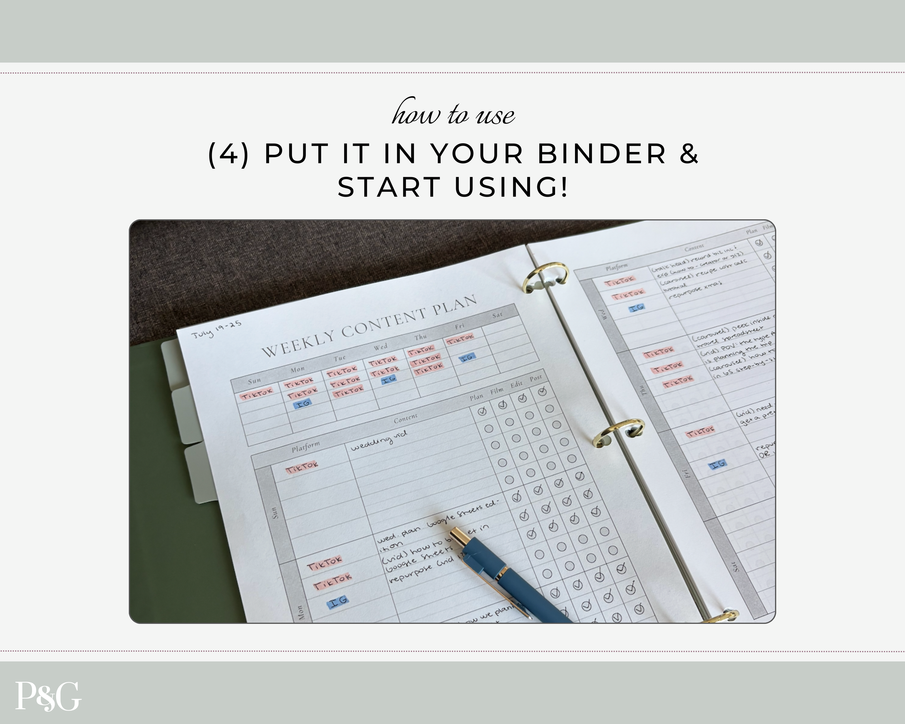 Instructional graphic showing how to use a weekly content planner binder, with the text &