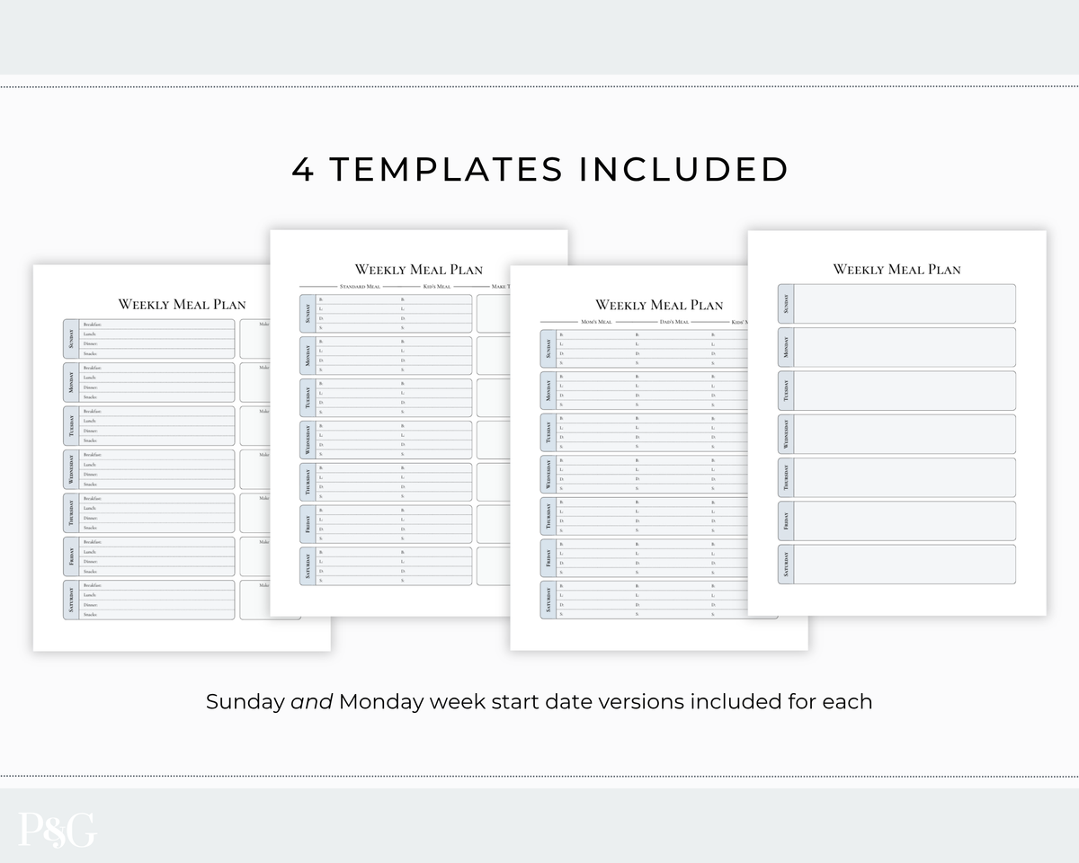 Four weekly meal plan templates displayed on a light gray background with the text &