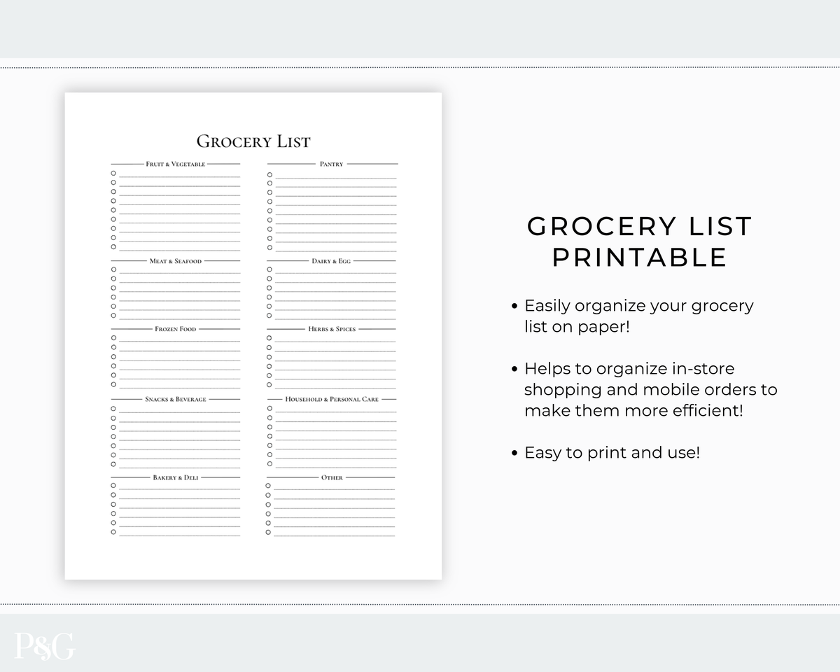 A grocery list printable template shown on a light gray background with descriptive text. The template has multiple sections for shopping items such as produce, dairy, meat, bakery, and household supplies.