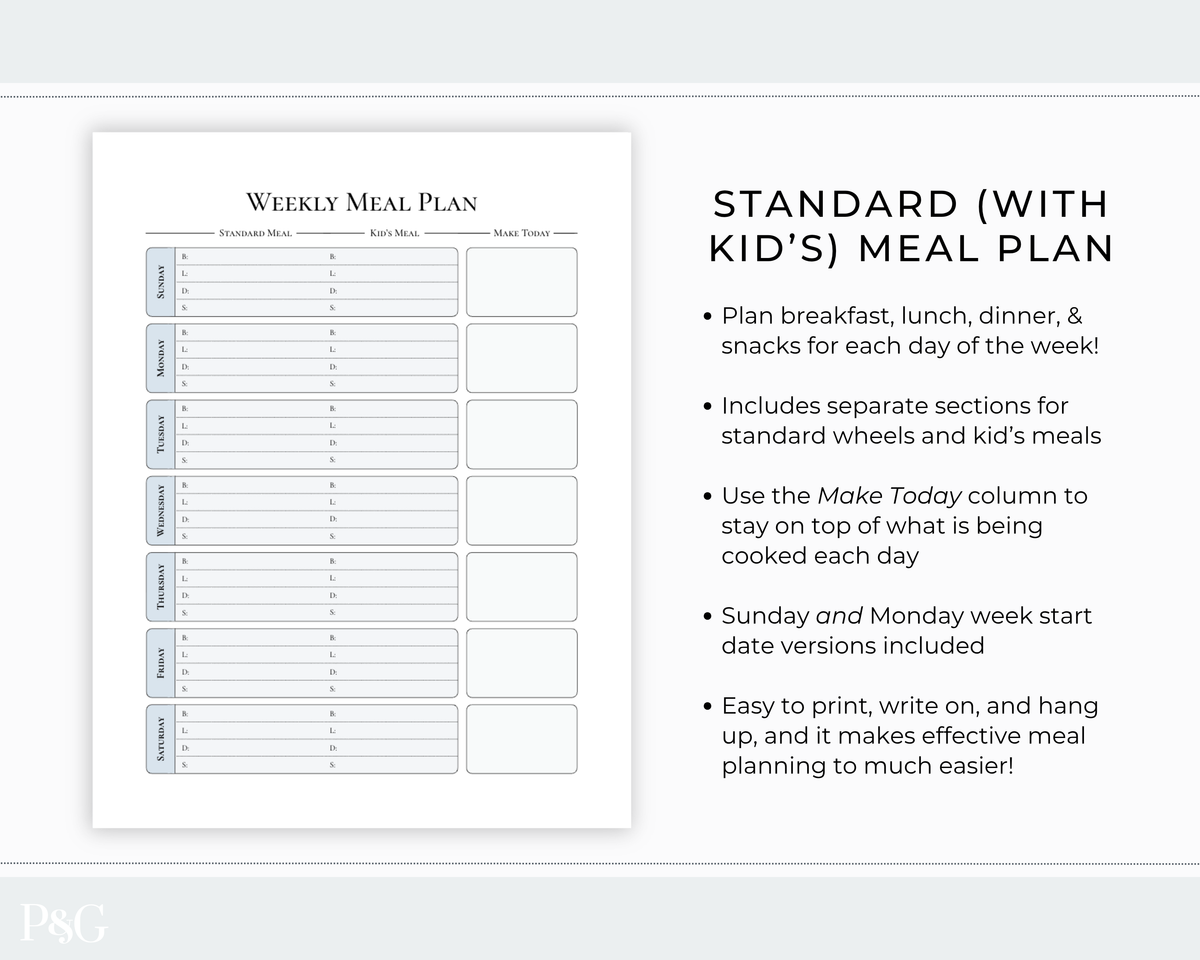 A printable weekly meal plan sheet shown on a light gray background, with text describing a standard version for kids. The page includes columns for household meal, kid&