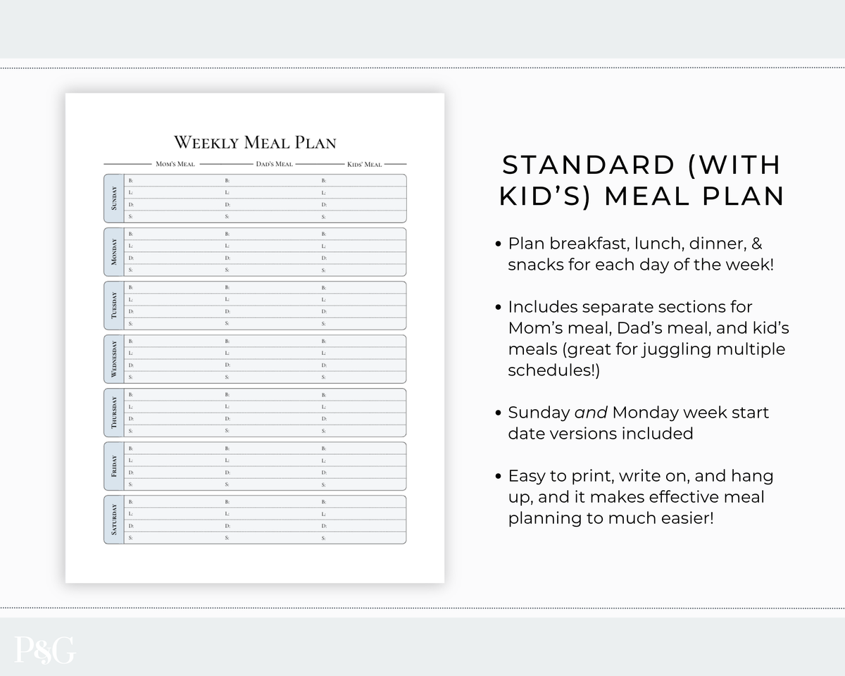 A weekly meal planner page shown next to descriptive text on a light gray background. The planner is labeled &