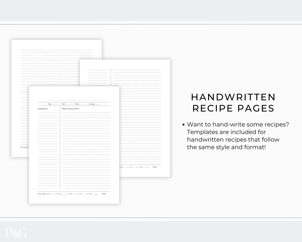 Three white handwritten recipe page templates are shown overlapping on a light gray background, with text reading &