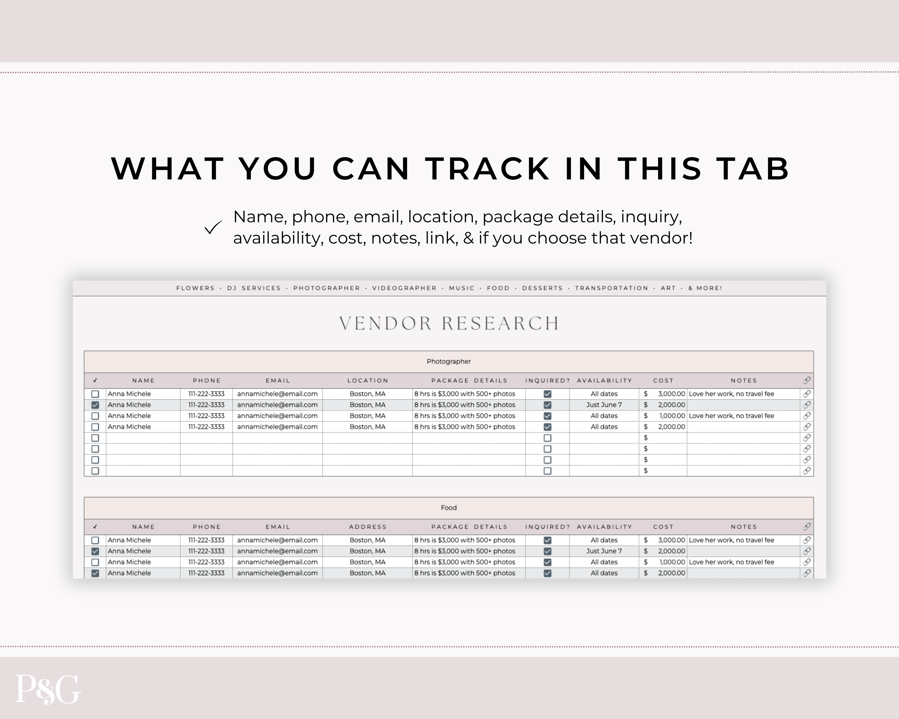 Wedding Venue and Vendor Comparison Spreadsheet for Google Sheets
