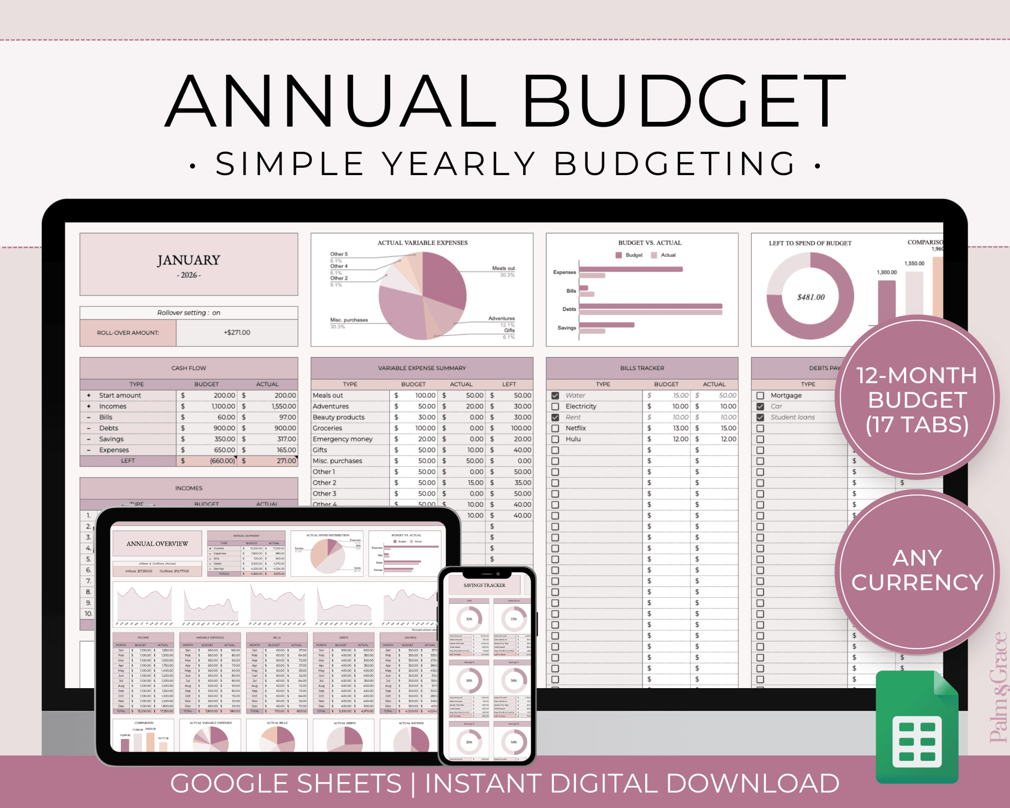 Annual Budget Spreadsheet Template For Google Sheets – Palm & Grace