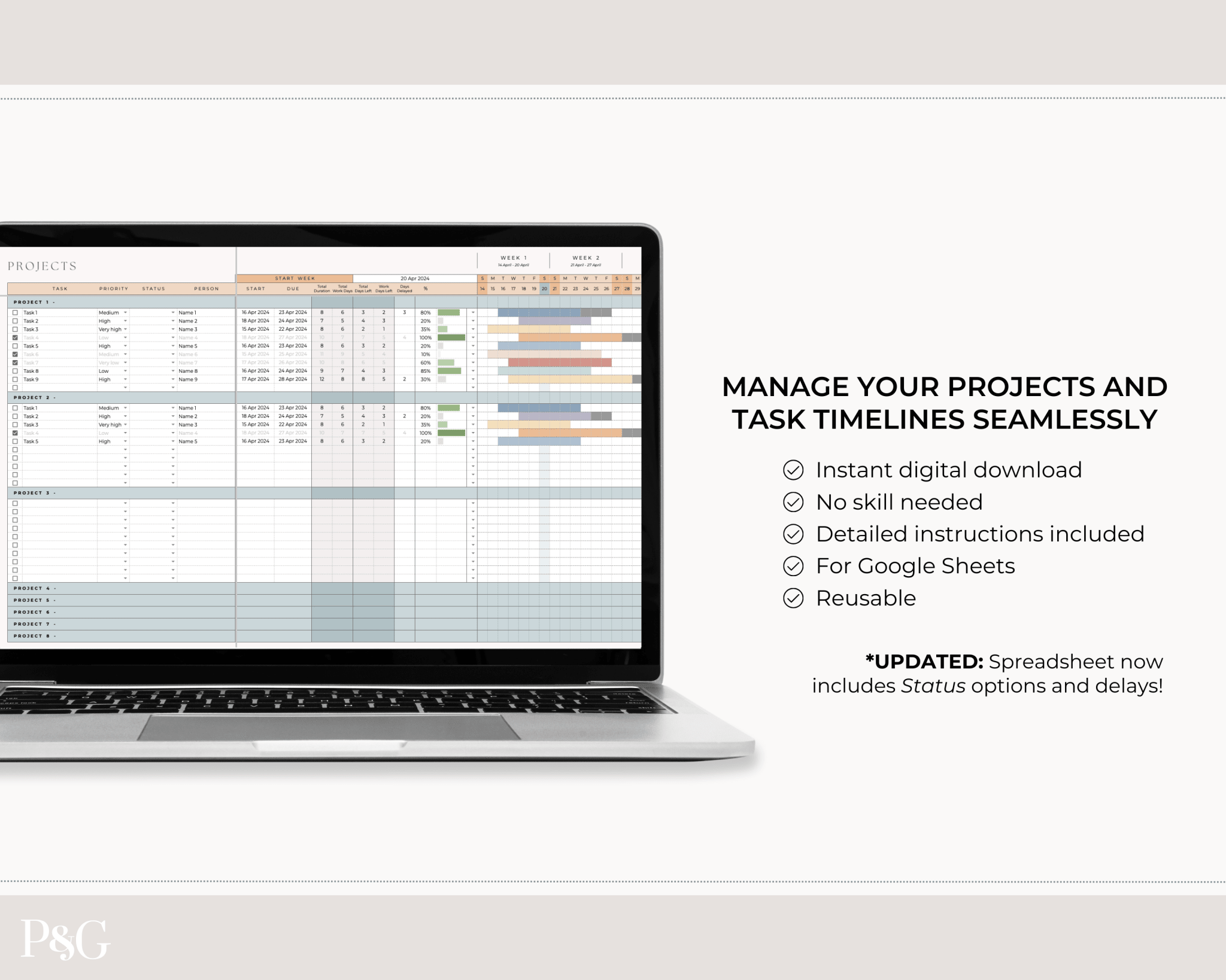 Gantt Chart Project Management Template for Google Sheets - Palm & Grace