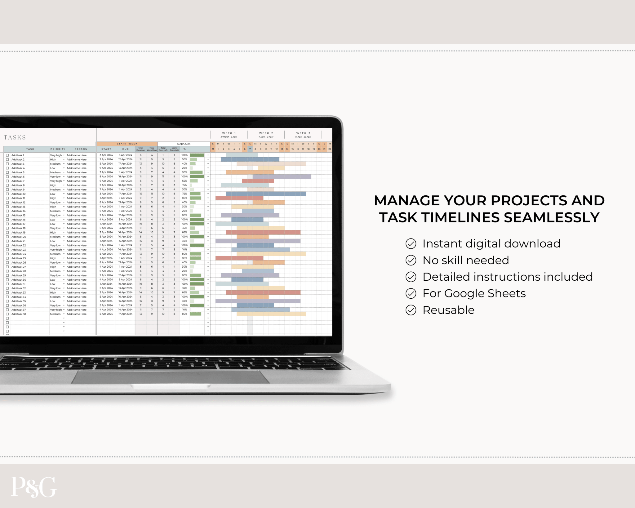 Gantt Chart To Do List Template for Google Sheets - Palm & Grace