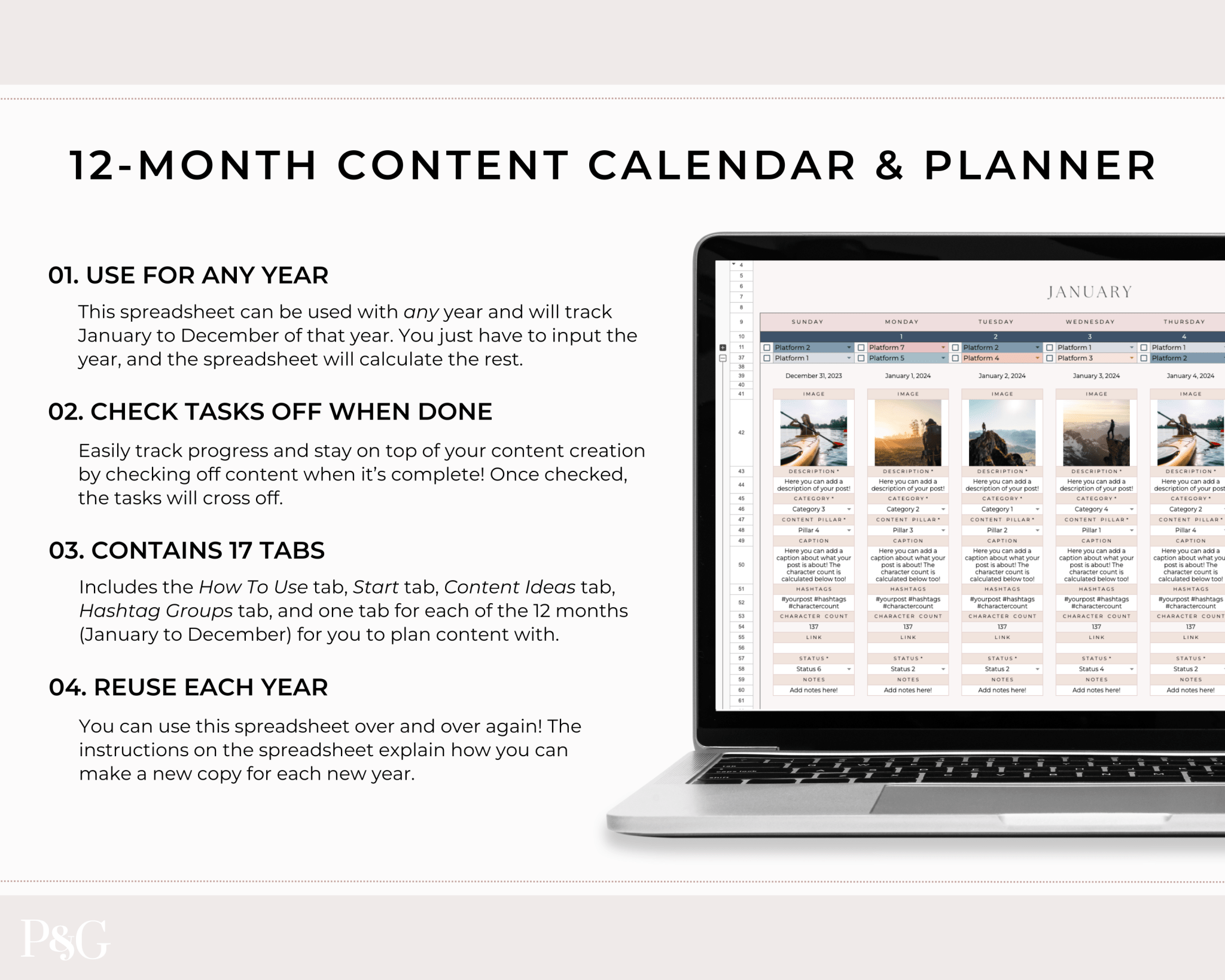 Monthly Social Media Content Calendar for Google Sheets - Palm & Grace