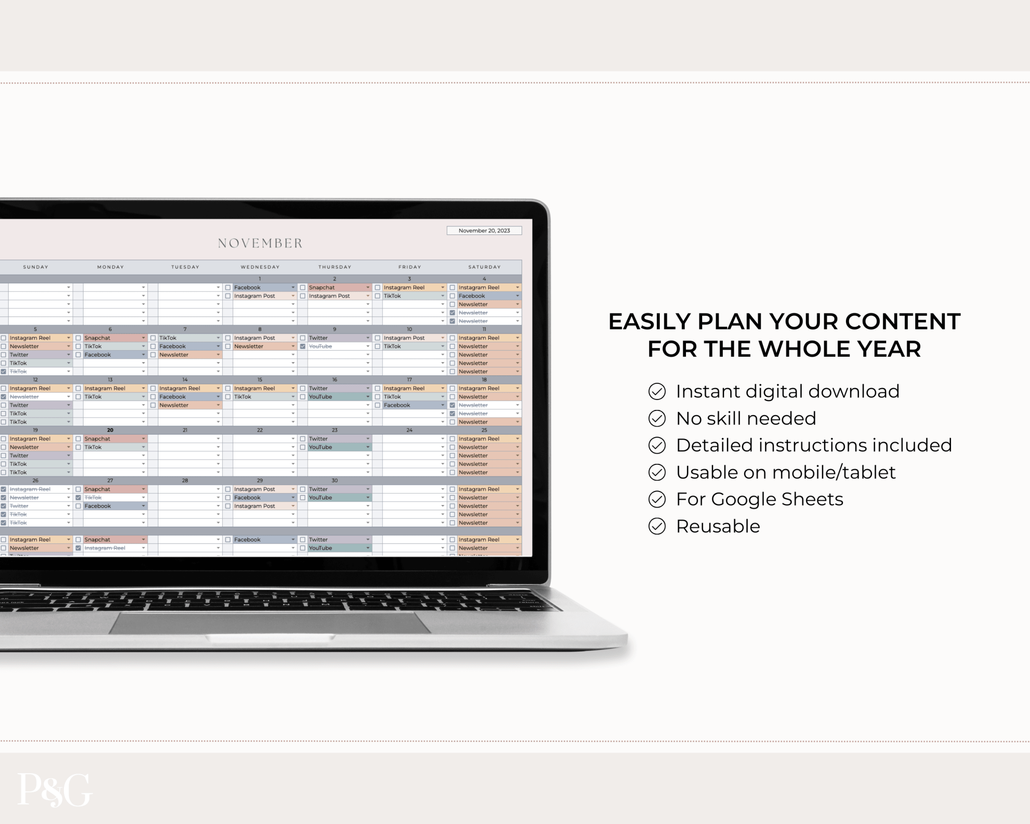 Monthly Social Media Content Calendar for Google Sheets - Palm & Grace