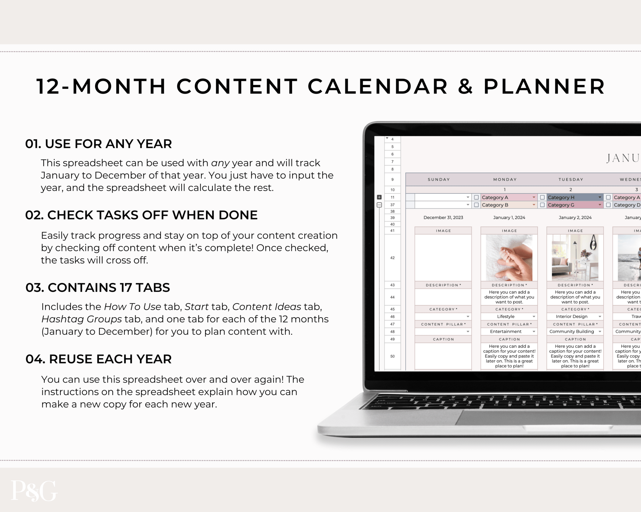 Monthly Social Media Content Calendar for Google Sheets - Palm & Grace