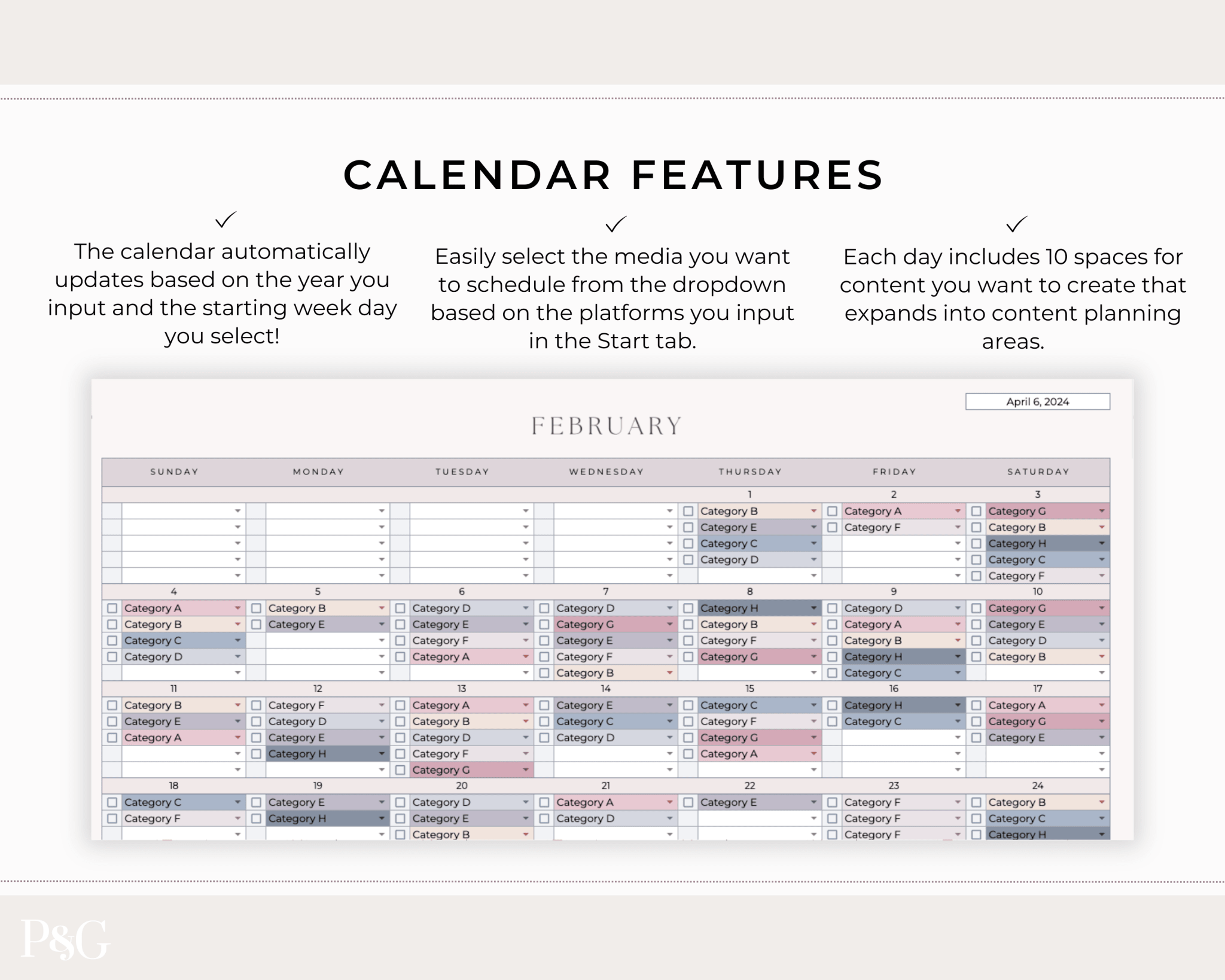 Monthly Social Media Content Calendar for Google Sheets - Palm & Grace