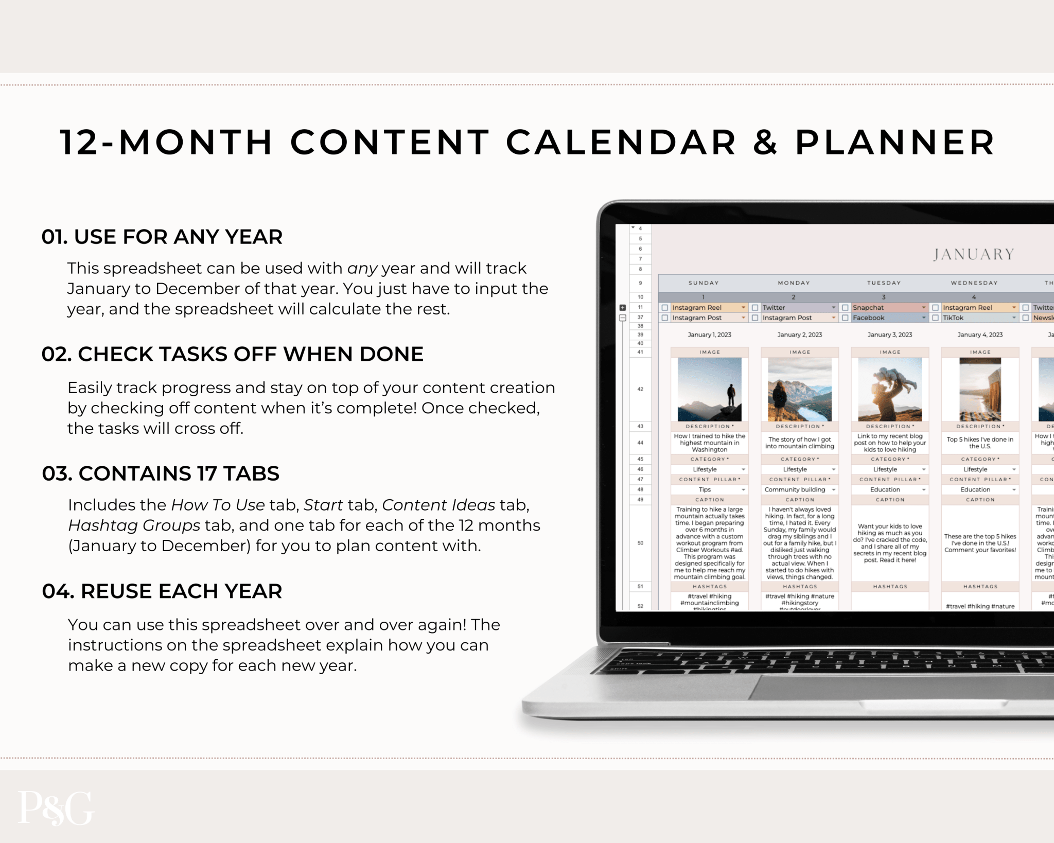 Monthly Social Media Content Calendar for Google Sheets - Palm & Grace