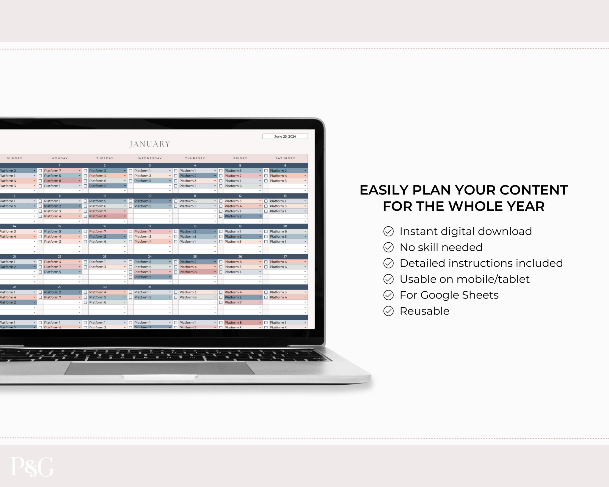 Monthly Social Media Content Calendar for Google Sheets - Palm & Grace