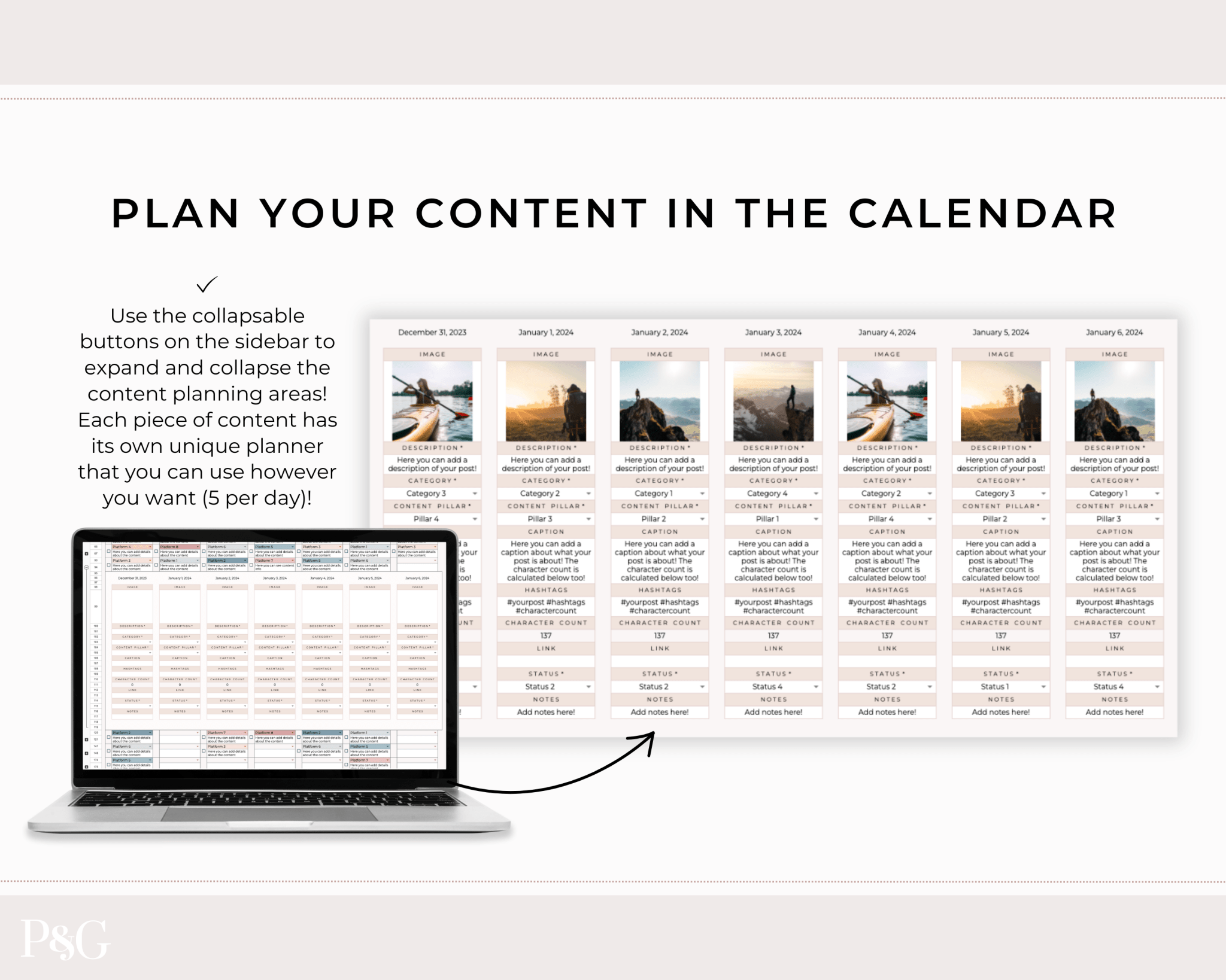 NEW DESIGN: Social Media Content Calendar Spreadsheet for Google Sheets - Palm & Grace