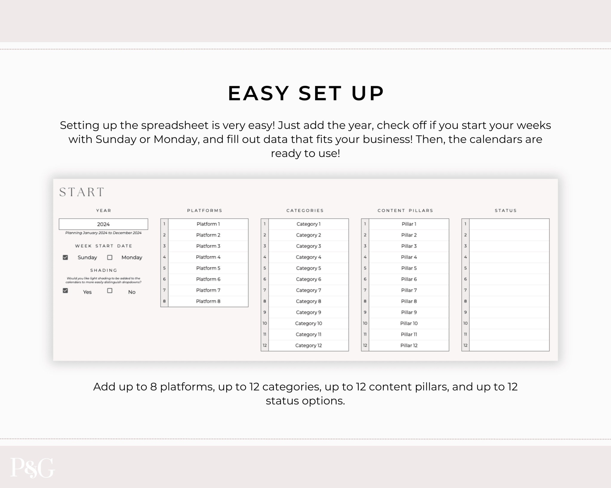 NEW DESIGN: Social Media Content Calendar Spreadsheet for Google Sheets - Palm & Grace