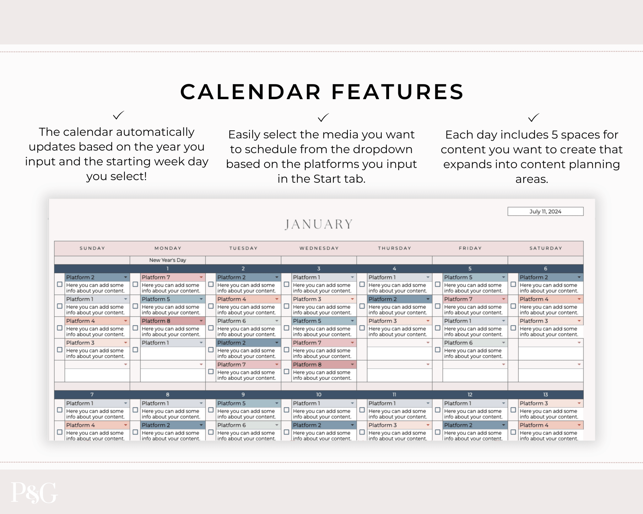 NEW DESIGN: Social Media Content Calendar Spreadsheet for Google Sheets - Palm & Grace
