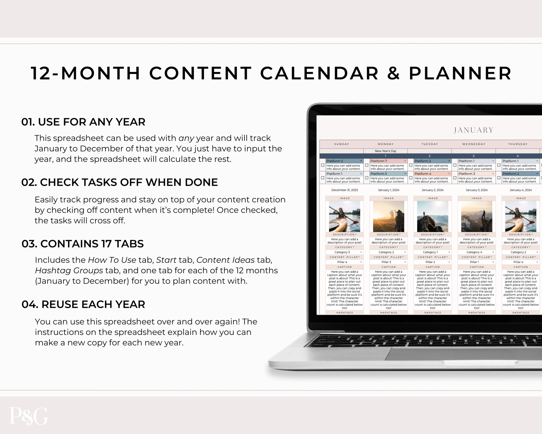 NEW DESIGN: Social Media Content Calendar Spreadsheet for Google Sheets - Palm & Grace