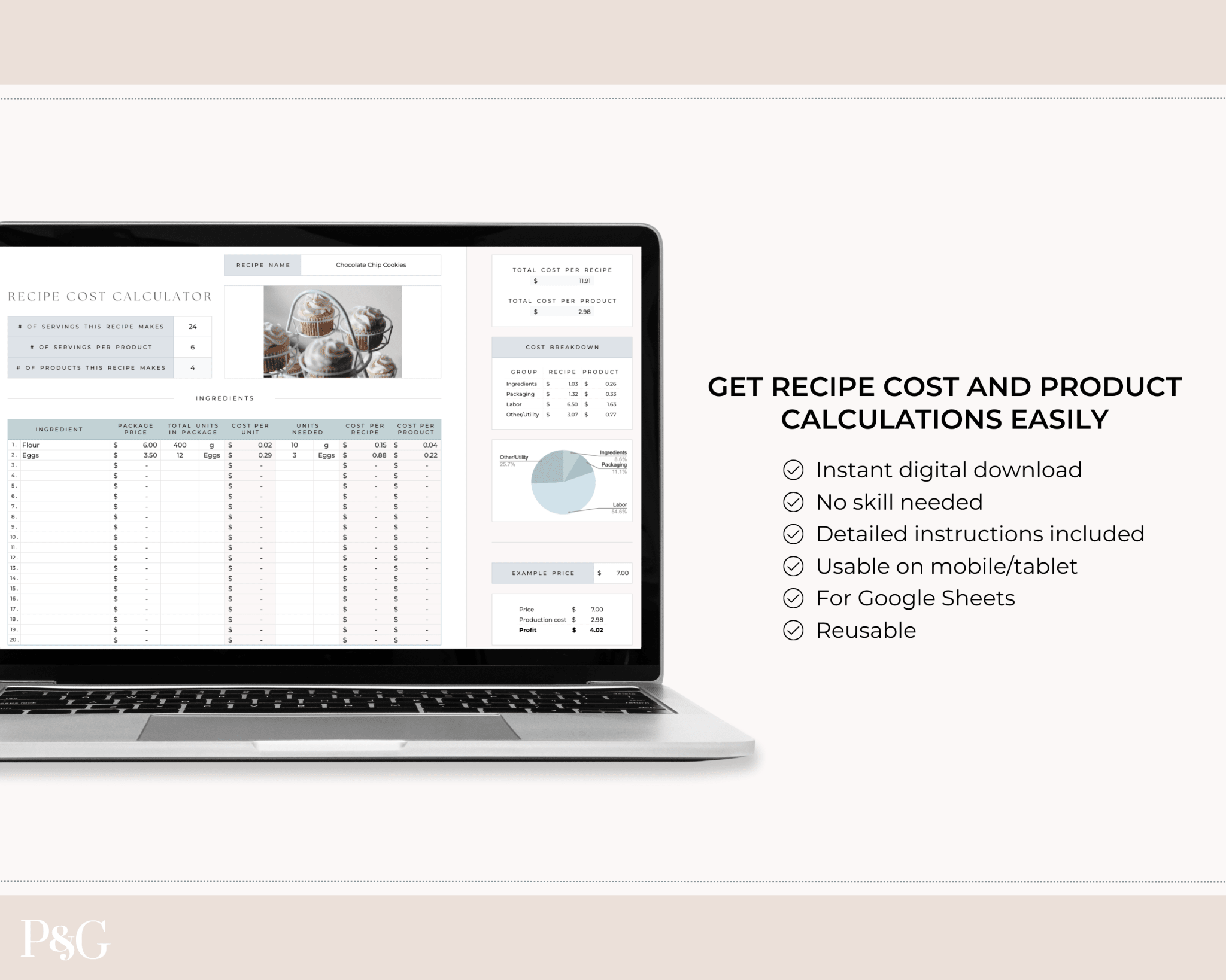 Recipe Cost Calculator Spreadsheet for Google Sheets - Palm & Grace