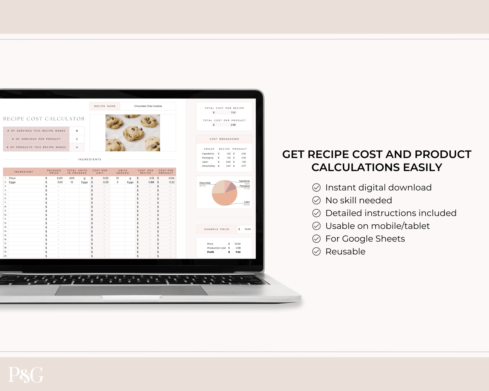 Recipe Cost Calculator Spreadsheet for Google Sheets - Palm & Grace