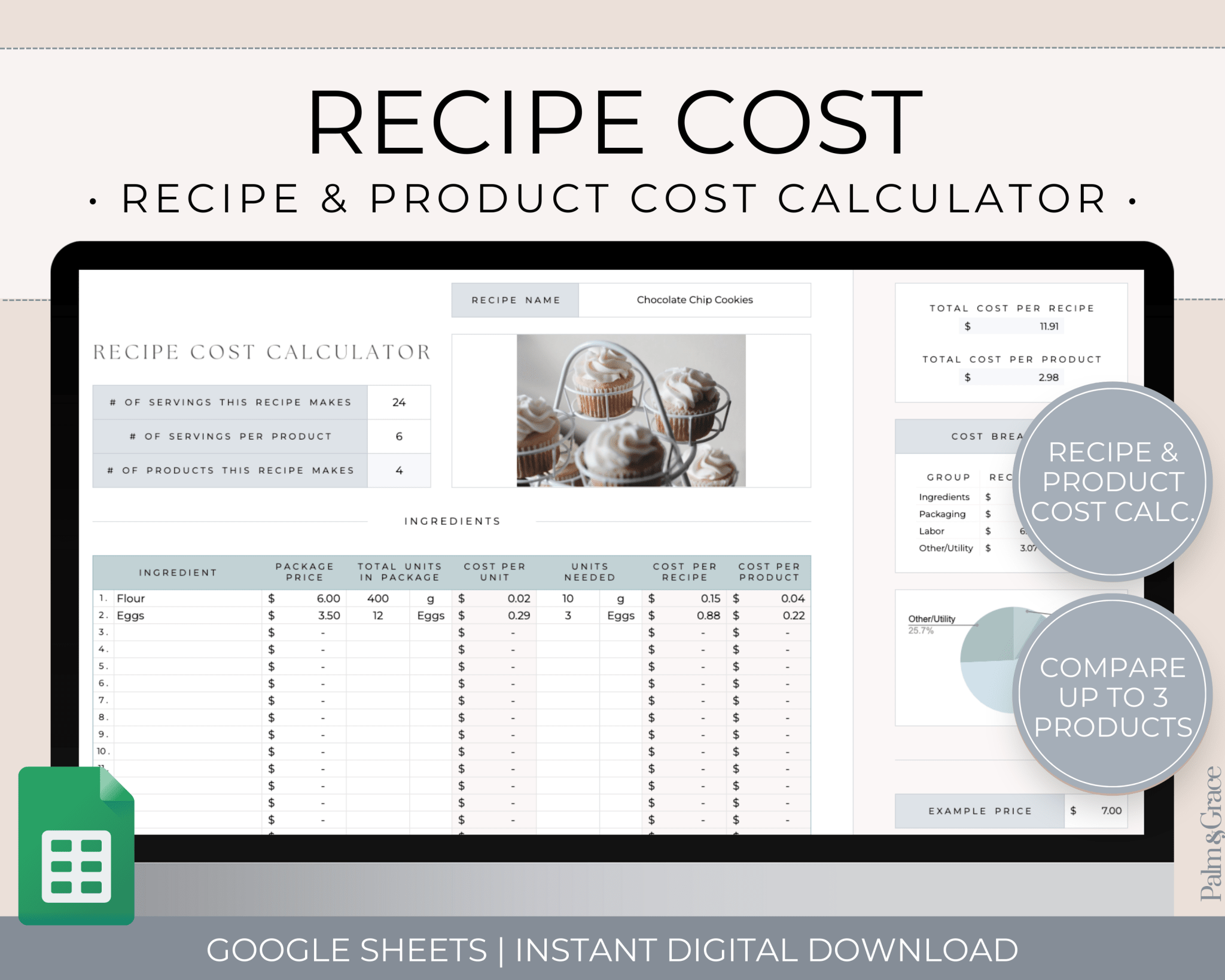 Recipe Cost Calculator Spreadsheet for Google Sheets - Palm & Grace