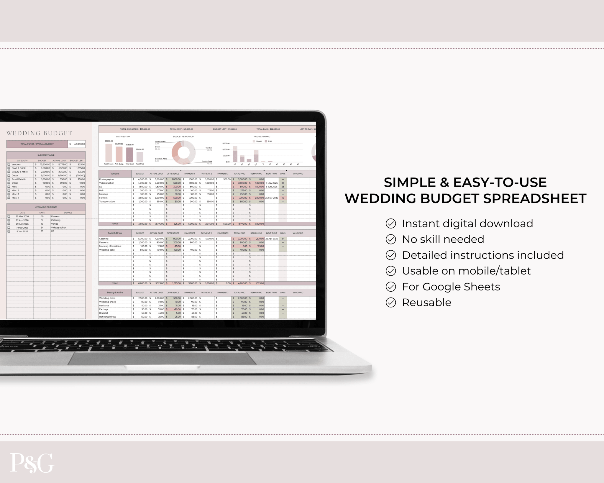 Simple Wedding Budget Spreadsheet for Google Sheets - Palm & Grace