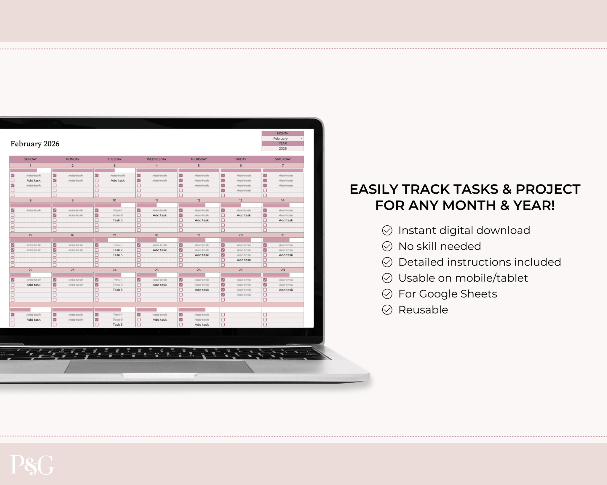 To - Do List Calendar Spreadsheet for Google Sheets - Palm & Grace