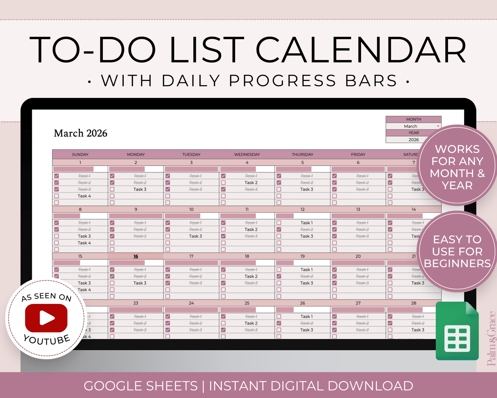 To - Do List Calendar Spreadsheet for Google Sheets - Palm & Grace