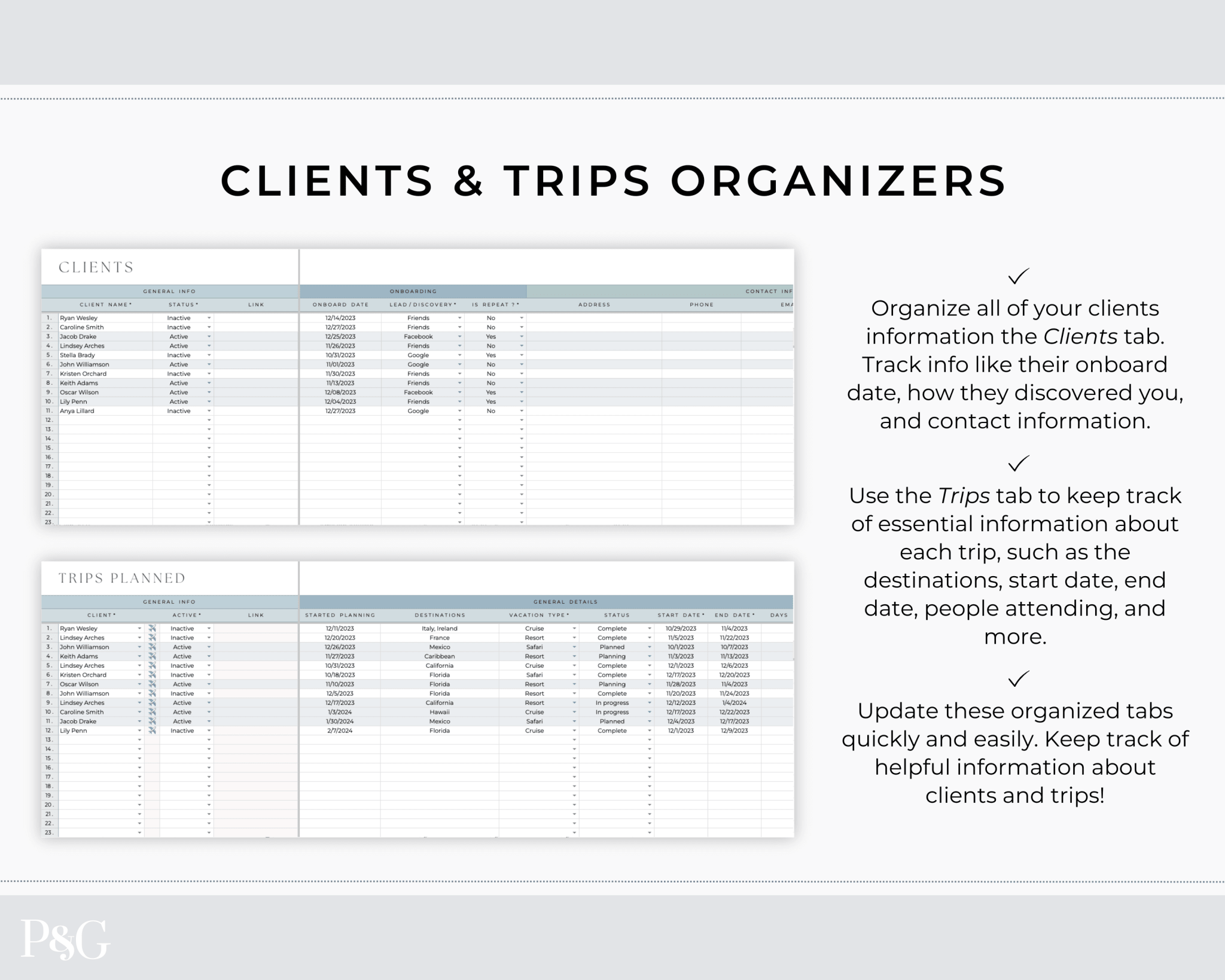 Travel Agent Planner Spreadsheet for Google Sheets - Palm & Grace