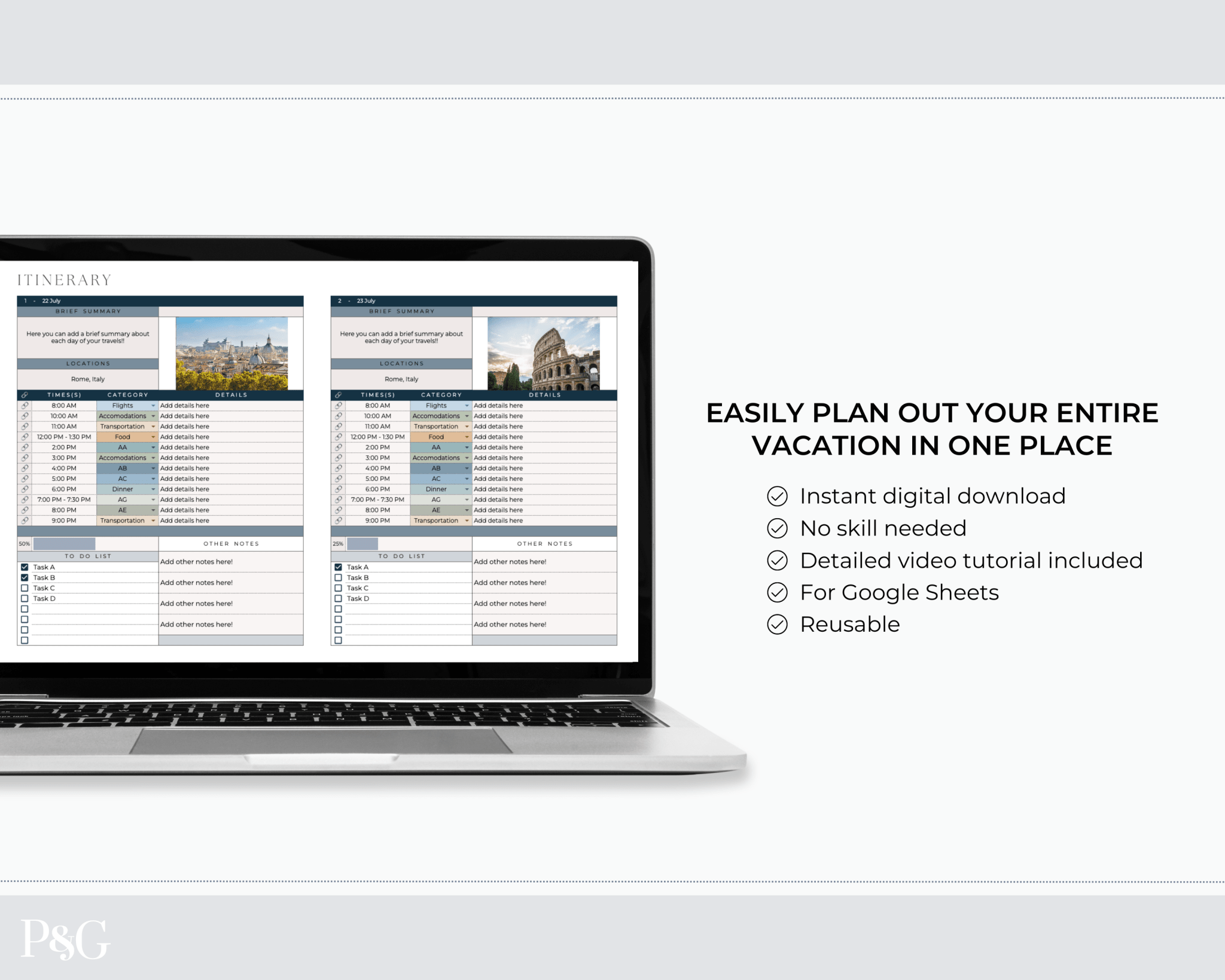 Travel Planner Spreadsheet Template for Google Sheets (Commercial Multi - Client License) - Palm & Grace