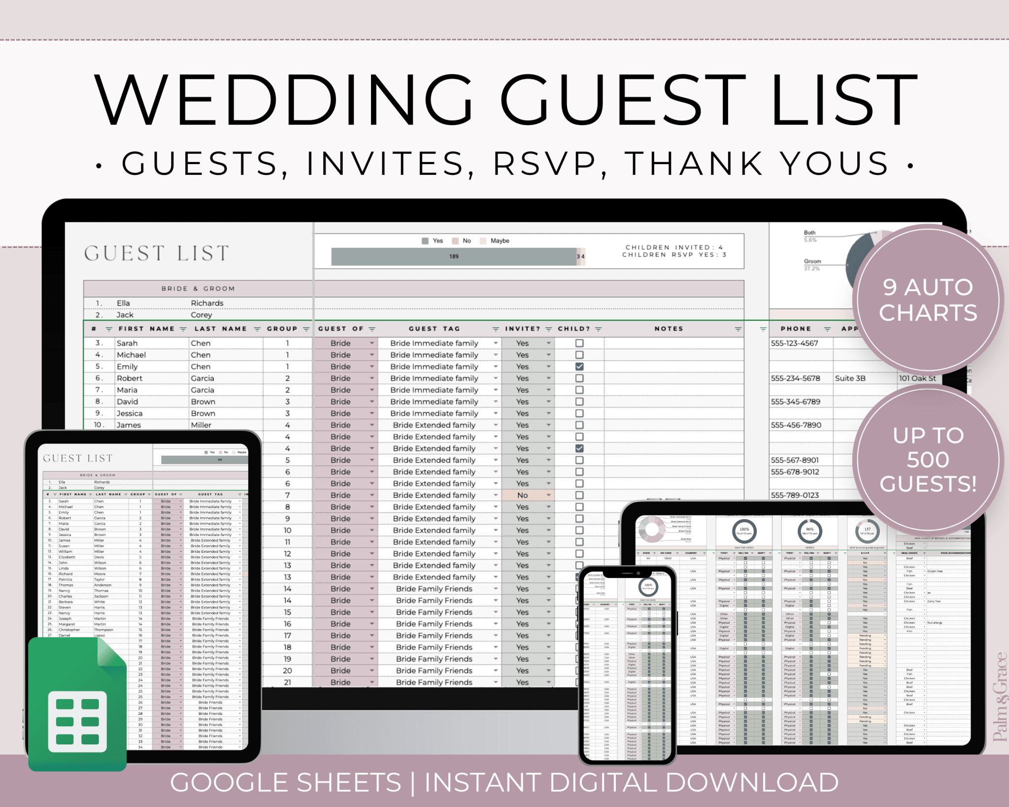 Wedding Guest List Spreadsheet Template for Google Sheets (Version 2.0) - Palm & Grace