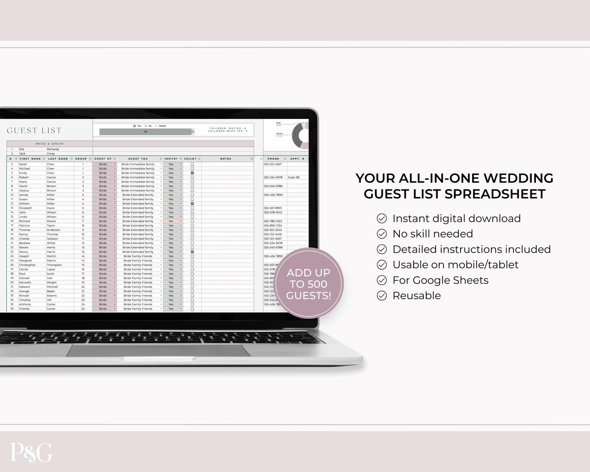 Wedding Guest List Spreadsheet Template for Google Sheets (Version 2.0) - Palm & Grace