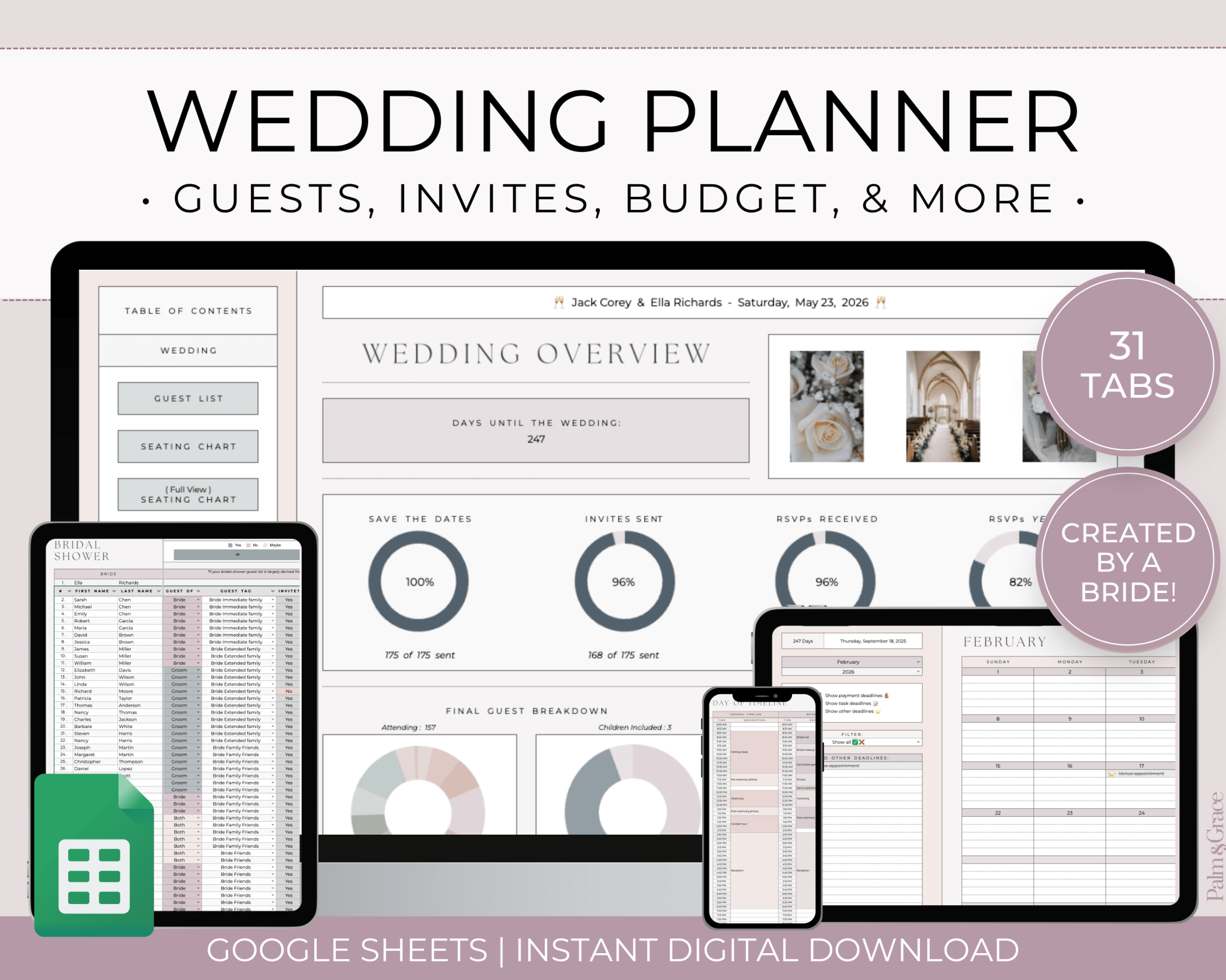 Wedding Planner Spreadsheet Template For Google Sheets (Version 2.0) - Palm & Grace