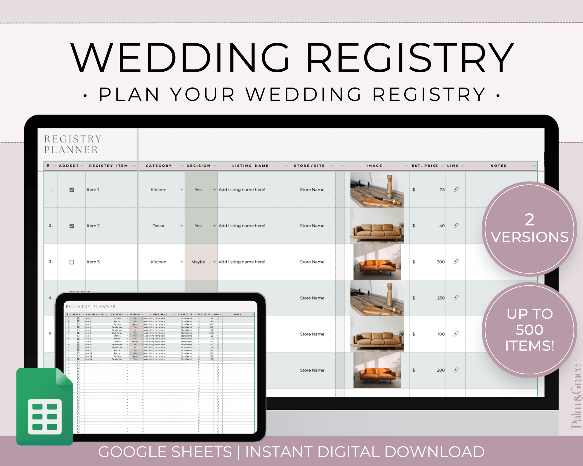 Wedding Registry Planner Template For Google Sheets - Palm & Grace