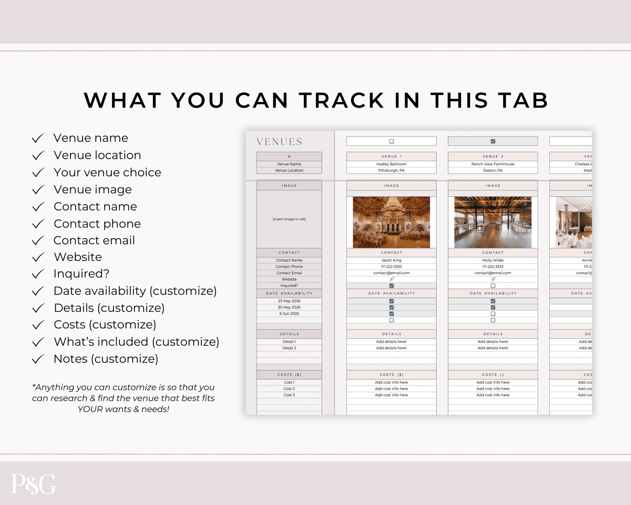 Wedding Venue and Vendor Comparison Spreadsheet for Google Sheets - Palm & Grace