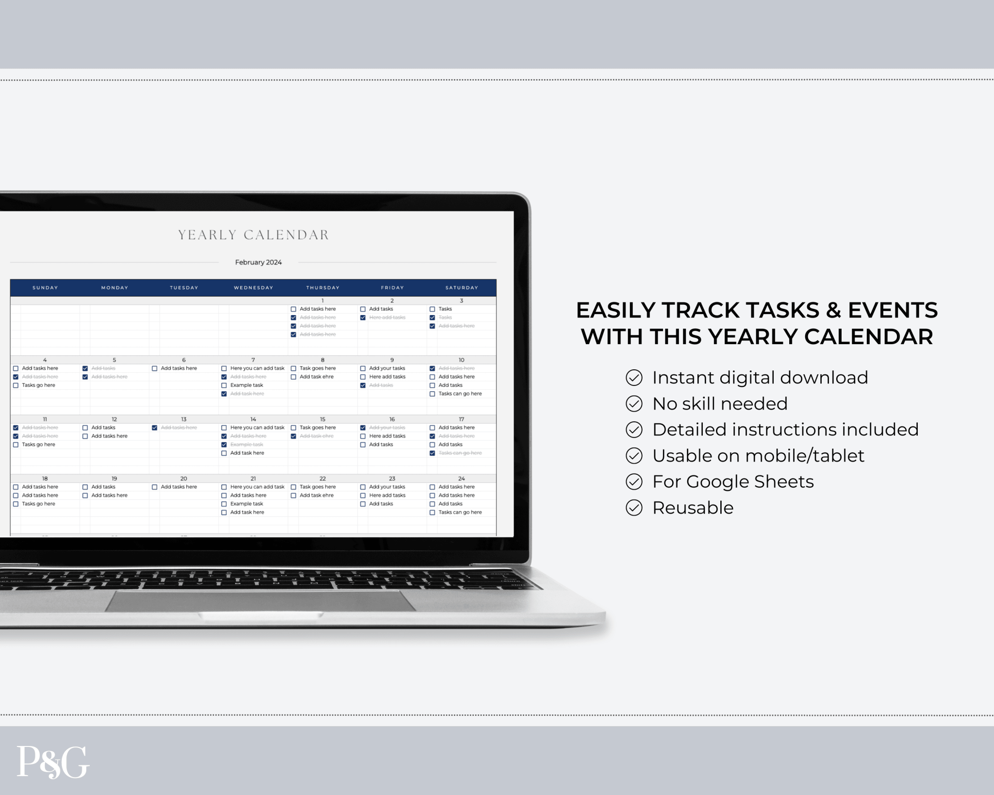 Yearly Calendar Spreadsheet Template for Google Sheets - Palm & Grace