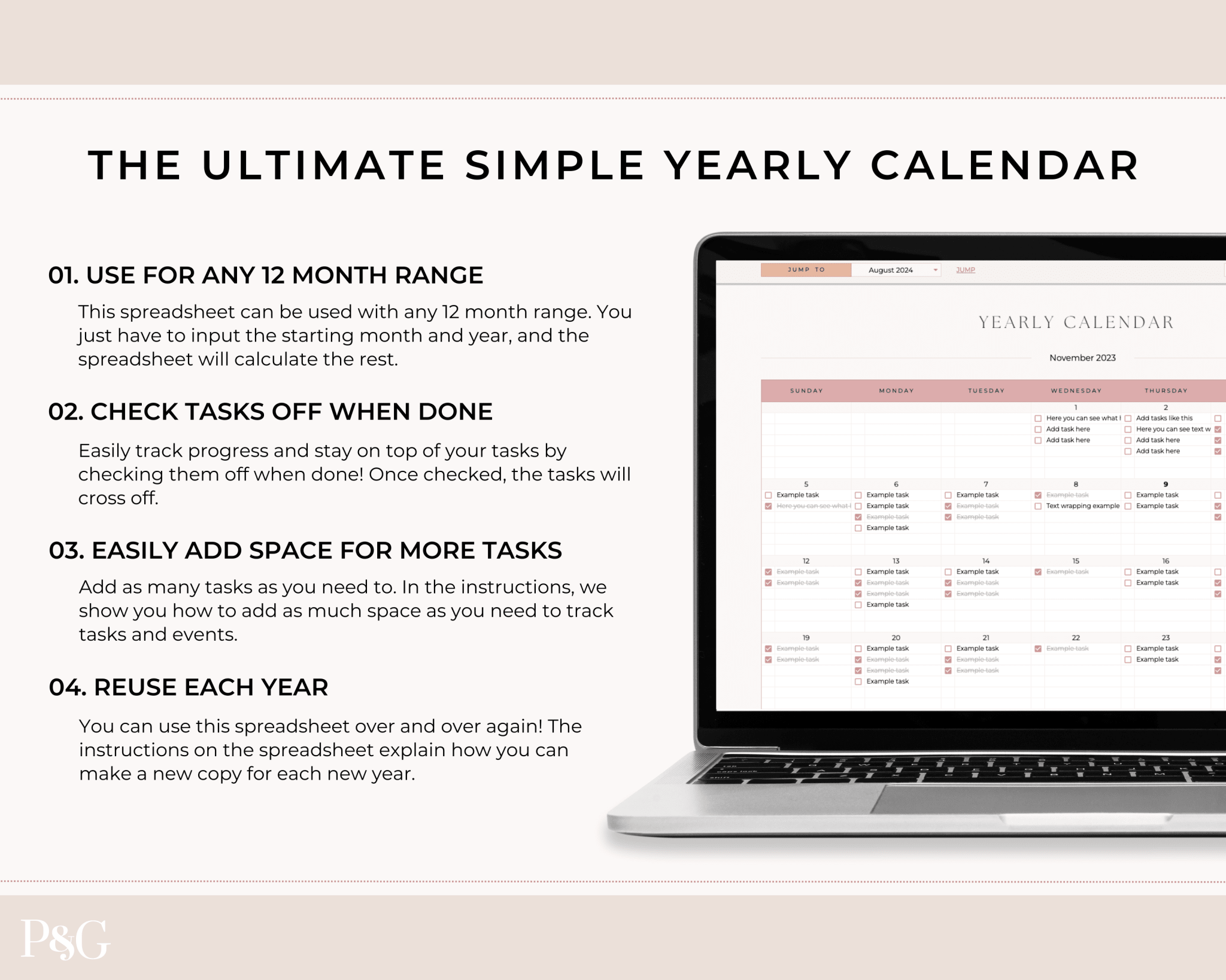 Yearly Calendar Spreadsheet Template for Google Sheets - Palm & Grace