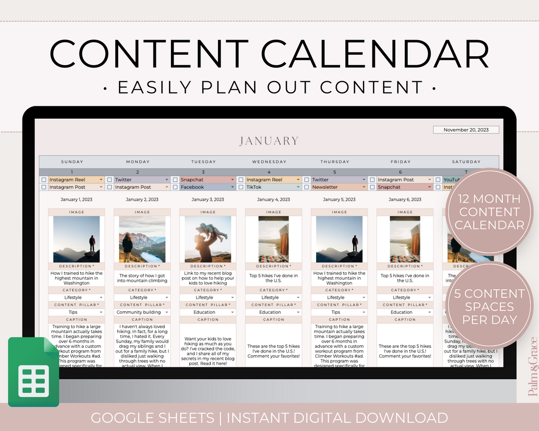 Monthly social media content calendar for Google Sheets