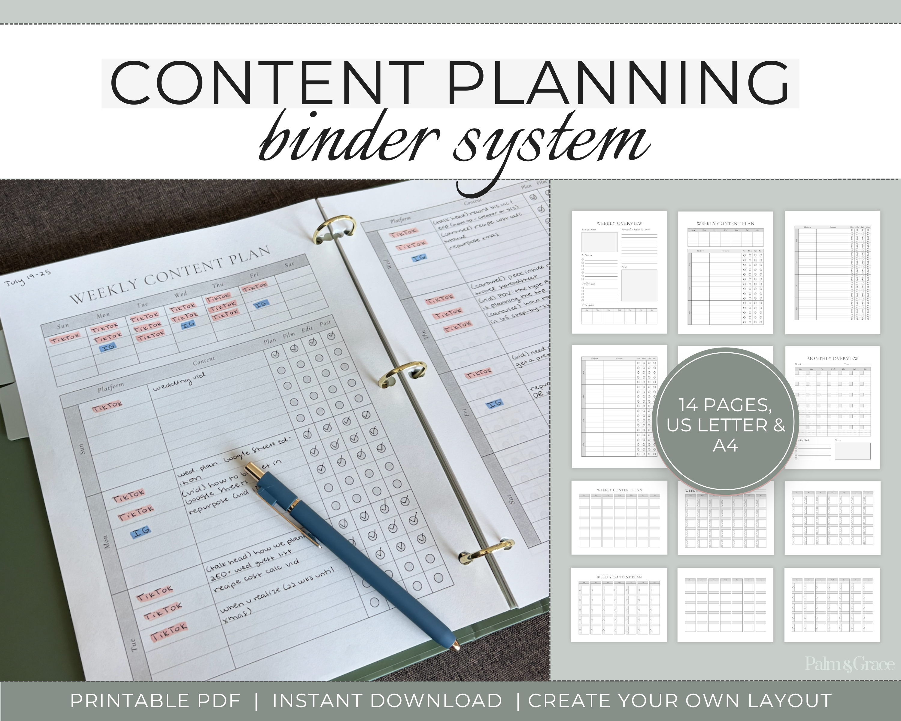 Promotional graphic for a content planning binder system, showing an open ring binder with weekly content plan pages, a blue pen, and a grid of printable page layouts. Text reads &