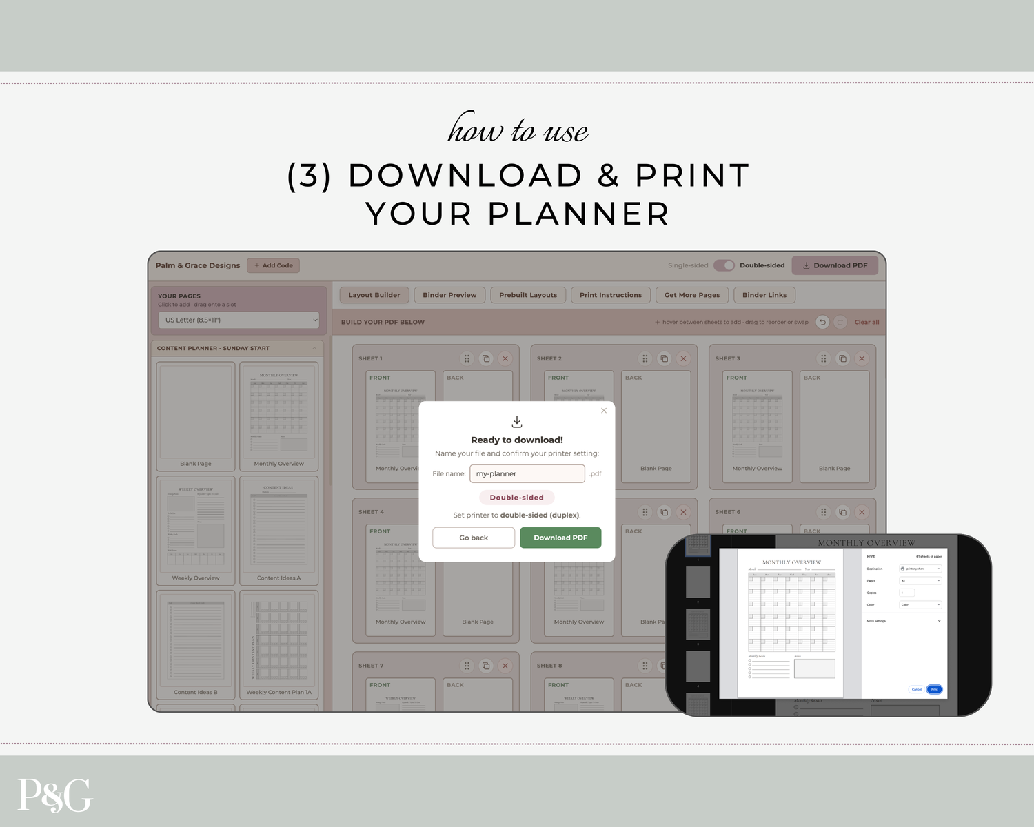Instructional graphic showing how to use a planner template, with the text &