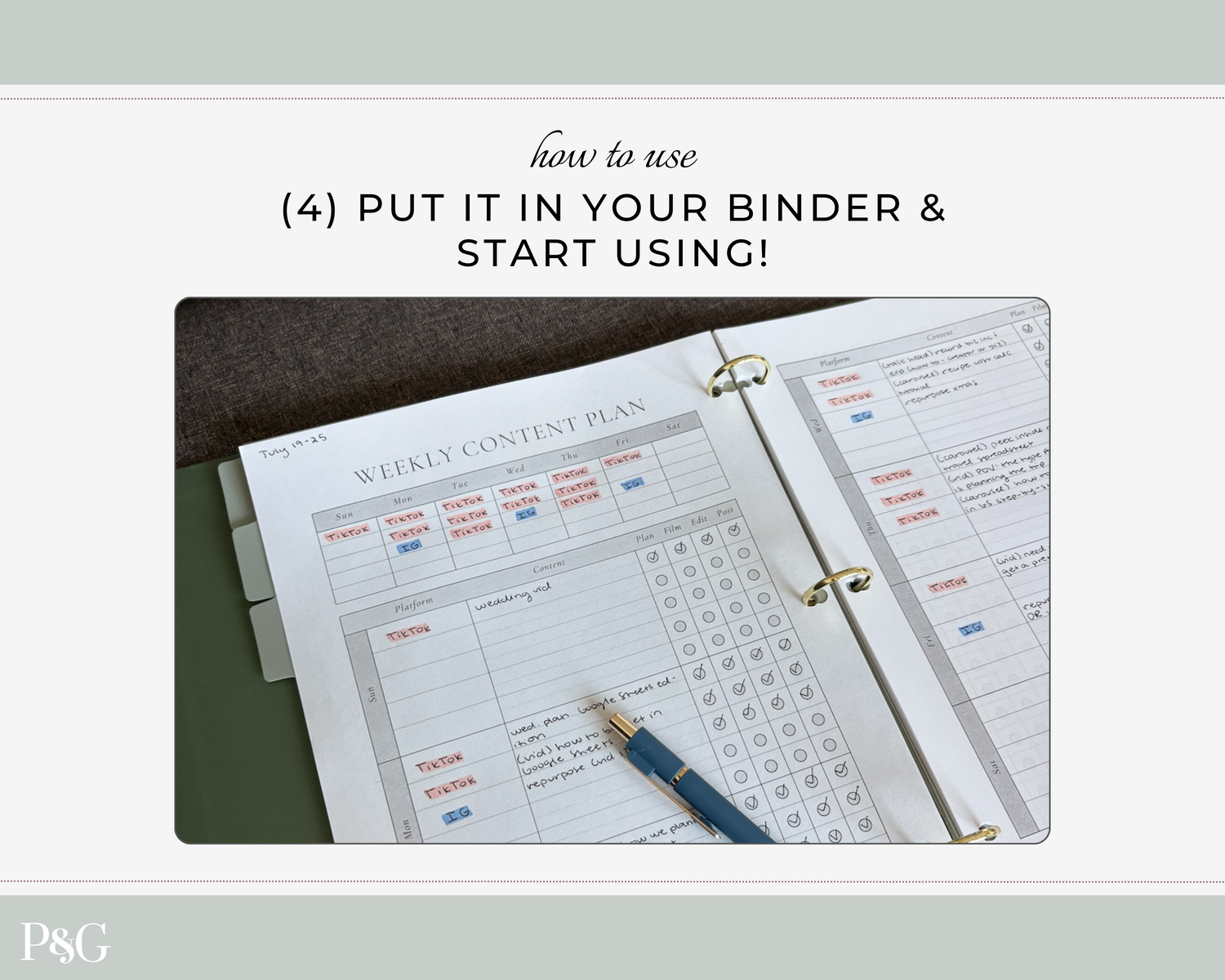 Instructional graphic showing how to use a weekly content planner binder, with the text &