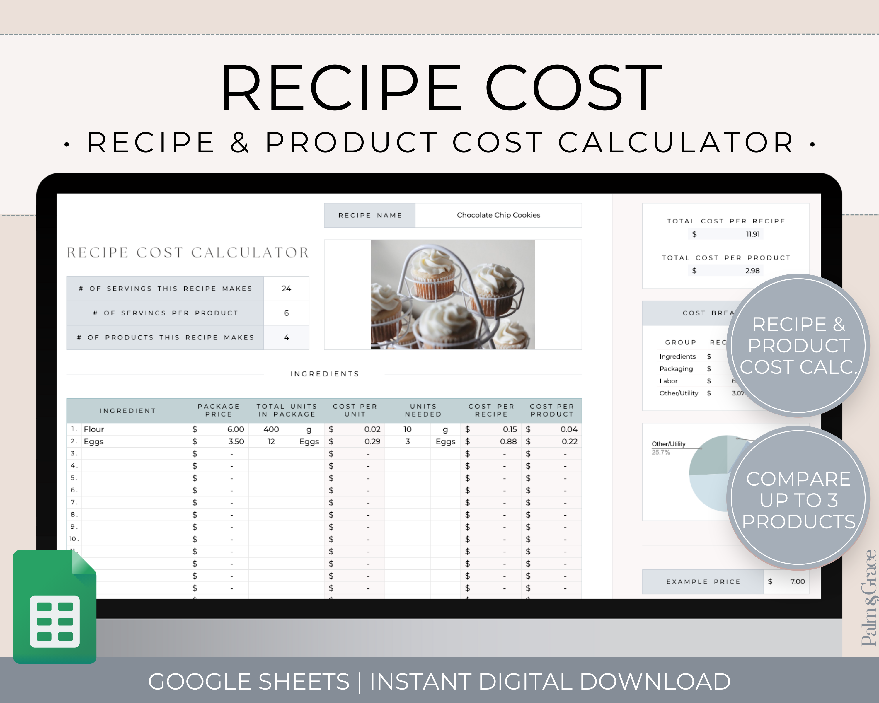 Recipe cost calculator spreadsheet for Google Sheets