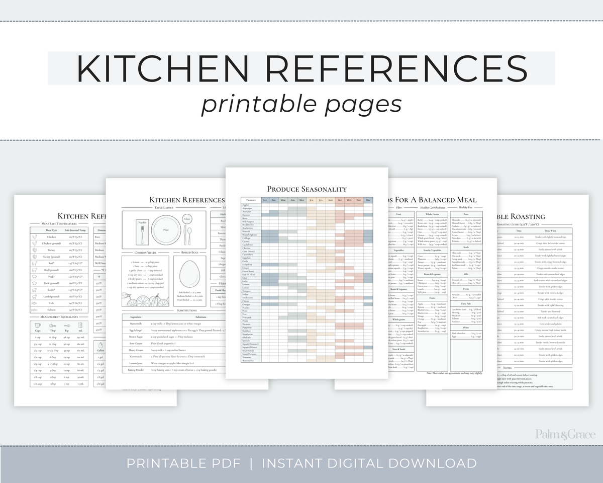 Digital preview of printable kitchen reference pages, including a produce seasonality chart, a balanced meal planner page, and other reference sheets, with text reading &