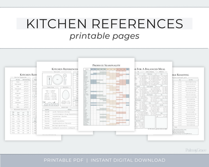 Digital preview of printable kitchen reference pages, including a produce seasonality chart, a balanced meal planner page, and other reference sheets, with text reading &