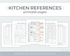 Digital preview of printable kitchen reference pages, including a produce seasonality chart, a balanced meal planner page, and other reference sheets, with text reading &