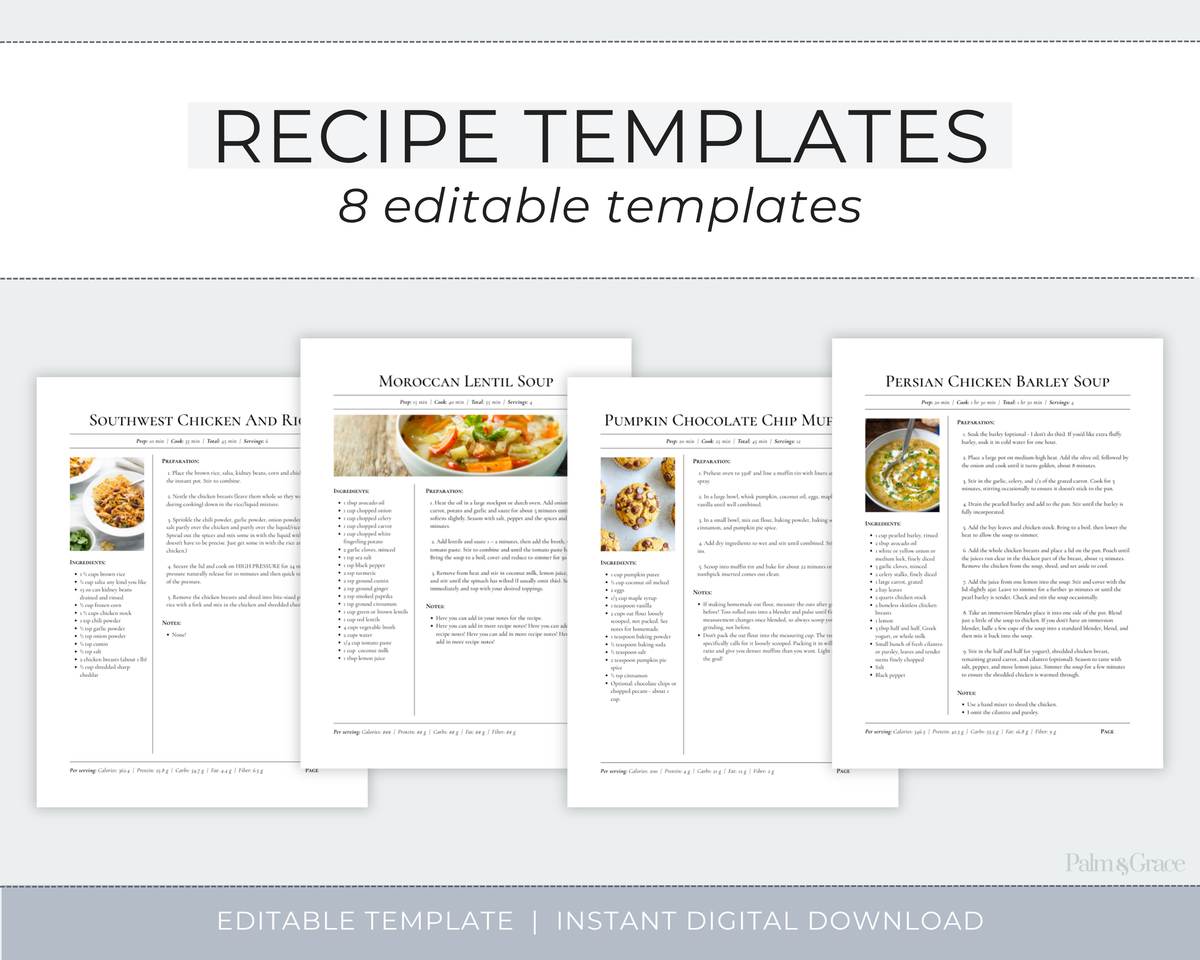Digital preview of a recipe template product showing four sample recipe pages: Southwest Chicken and Rice, Moroccan Lentil Soup, Pumpkin Chocolate Chip Muffin, and Persian Chicken Barley Soup. Large text at the top reads &