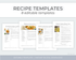 Digital preview of a recipe template product showing four sample recipe pages: Southwest Chicken and Rice, Moroccan Lentil Soup, Pumpkin Chocolate Chip Muffin, and Persian Chicken Barley Soup. Large text at the top reads &
