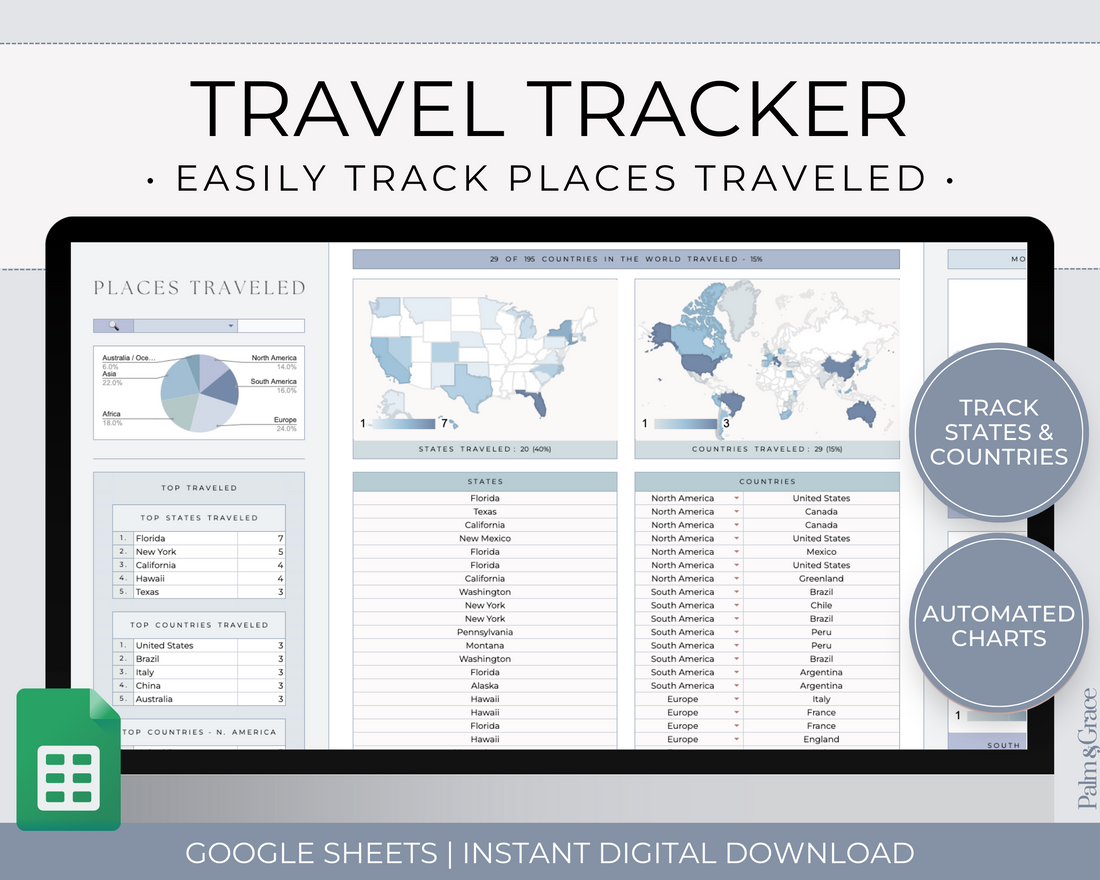 World Travel Tracker Spreadsheet Template for states and countries for Google Sheets