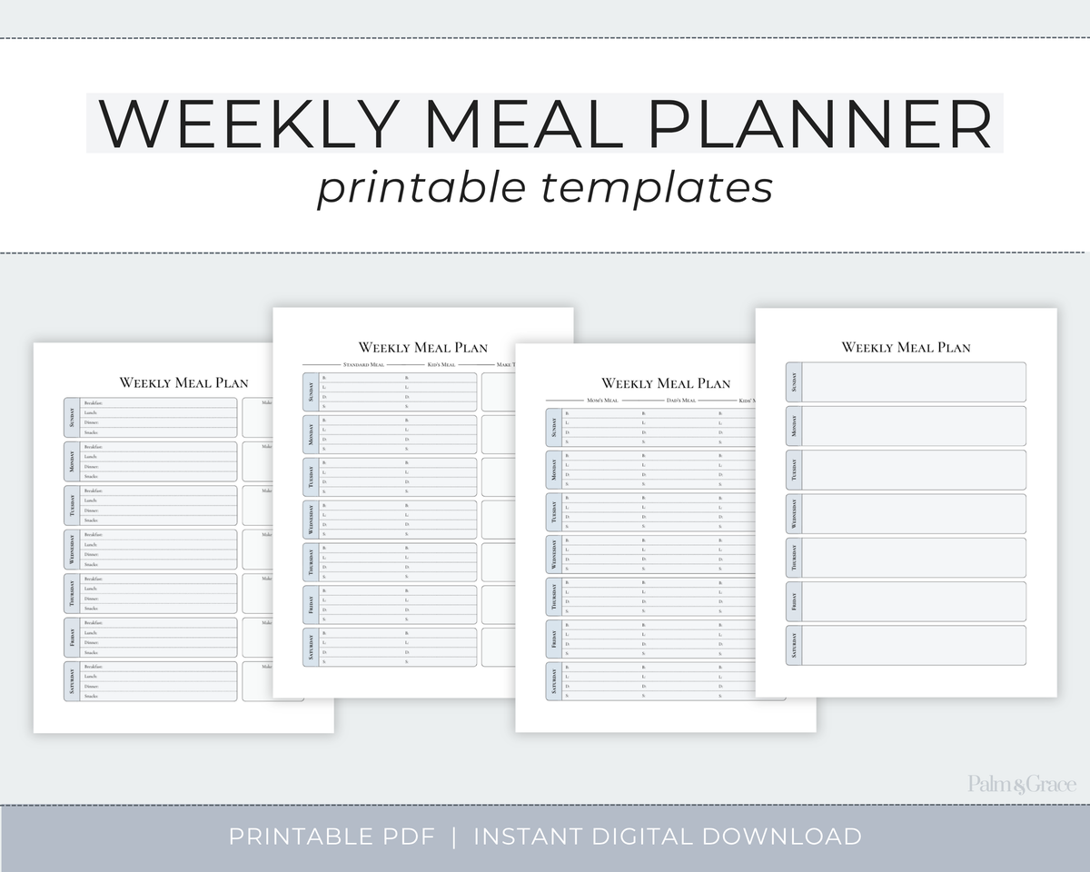 A digital listing graphic for a weekly meal planner printable template, showing four white planner pages with gray lines and text on a light gray background. Large title text reads &