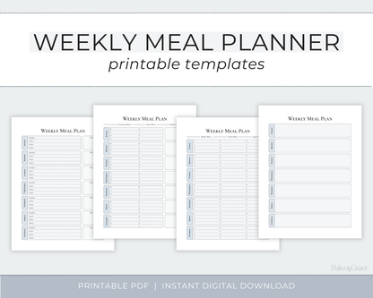 A digital listing graphic for a weekly meal planner printable template, showing four white planner pages with gray lines and text on a light gray background. Large title text reads &