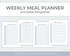 A digital listing graphic for a weekly meal planner printable template, showing four white planner pages with gray lines and text on a light gray background. Large title text reads &