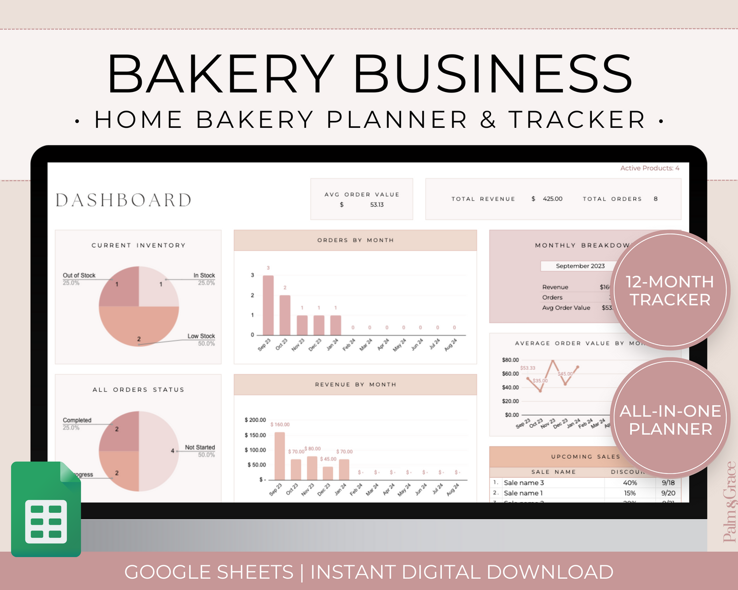 Bakery business planner spreadsheet for Google Sheets